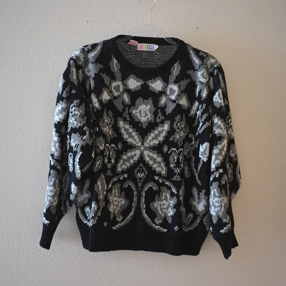 Vintage Heidi 1990s Crewneck Sweater Black White Floral Intarsia Knit Large